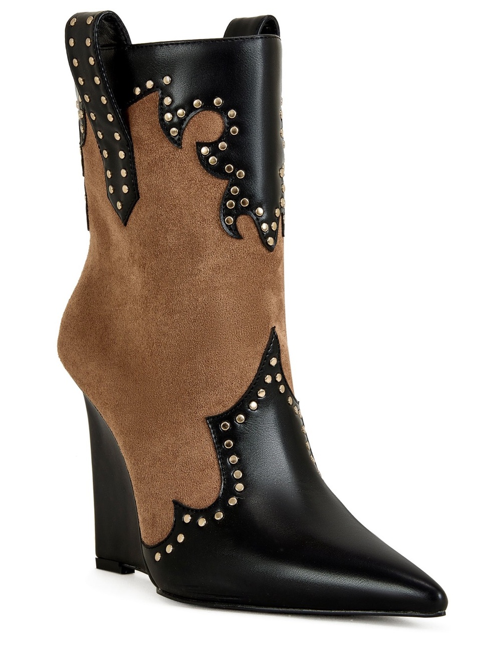 Two-Tone Studded Western Wedge Ankle Boot - Black/Tan